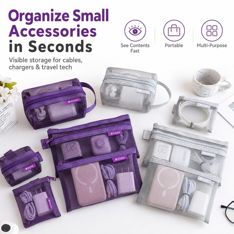 Tech Woven Accessories - 6-teiliges Set Tragbare Netz-Tech-Zubehörtaschen, Transparente Kabelorganizer-Tasche