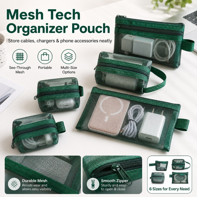 Tech Woven Accessories - 6-teiliges Mesh-Tech-Organizer-Set, Tragbare Kabelaufbewahrungstasche für Ladegeräte,